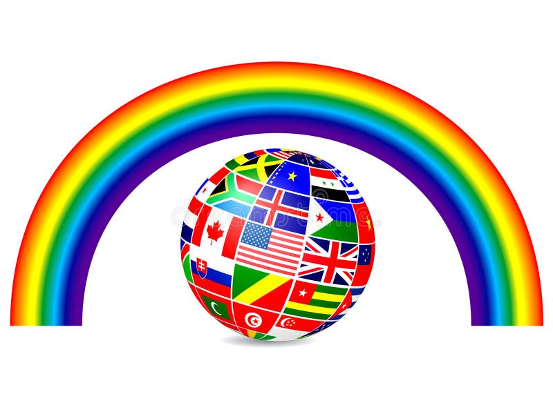 Floating globe covered with world flags and raibow. Vector