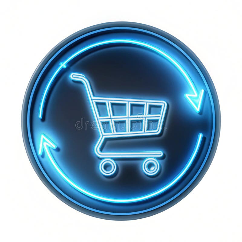 Floating glowing cart icon with rotating wheels stock illustration