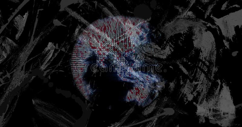 Floating glowing digital sphere rotating within abstract background, with grey brushstroke textures royalty free illustration