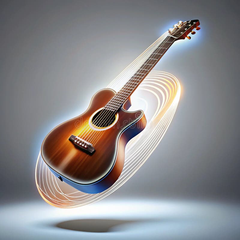 Floating glowing guitar with rotating strings vector illustration