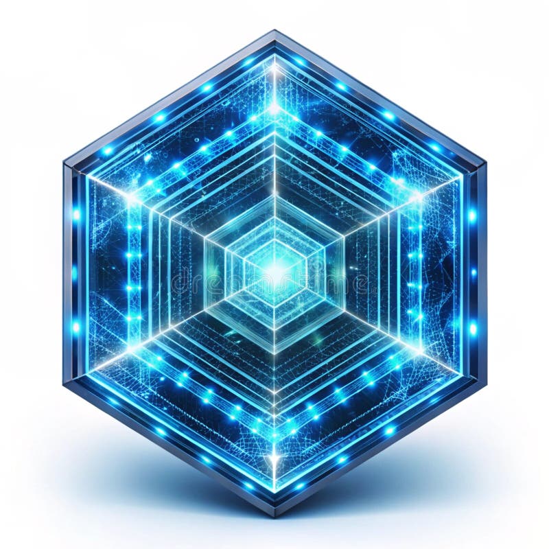 Floating glowing hexagon with rotating digital patterns royalty free illustration