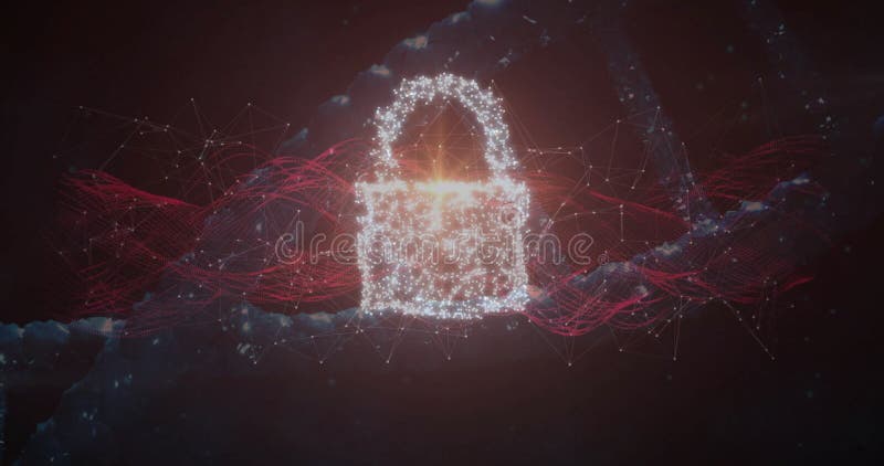 Floating glowing padlock icon shimmering within dark cyberspace, with red and white network streams vector illustration
