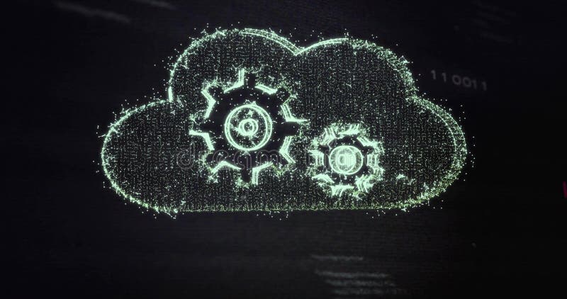 Floating glowing particle cloud icon hovering in virtual display, with gear symbols and binary code royalty free illustration