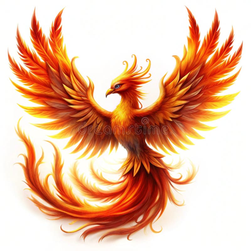 Floating glowing phoenix with rotating fiery feathers stock illustration
