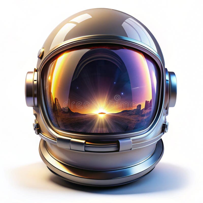 A floating glowing space helmet with rotating reflection isolated on a white background futuristic and sci-fi