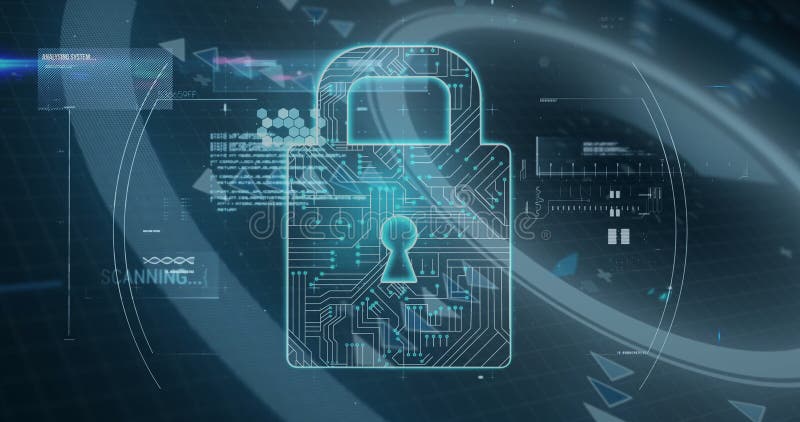 Floating glowing teal padlock icon in virtual interface, with hexagonal motifs and scrolling code royalty free illustration