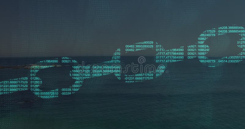 Floating glowing turquoise digital chain hovering over ocean at dusk, with numeric code links vector illustration