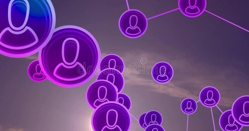Floating glowing user profile icons forming network web against twilight sky, with neon lines royalty free illustration