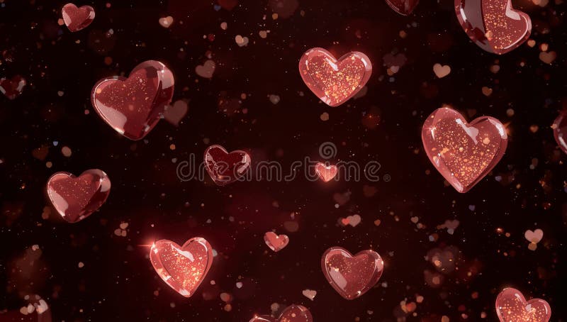 Floating Hearts in a Crimson Sky, Abstract Forms in a Dreamy, Glittering Light. stock image