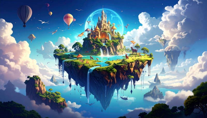 Floating island castle, vibrant fantasy stock illustration