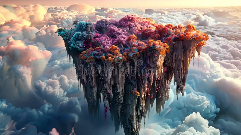 A floating island with colorful trees and a rocky surface against a cloudy background stock illustration