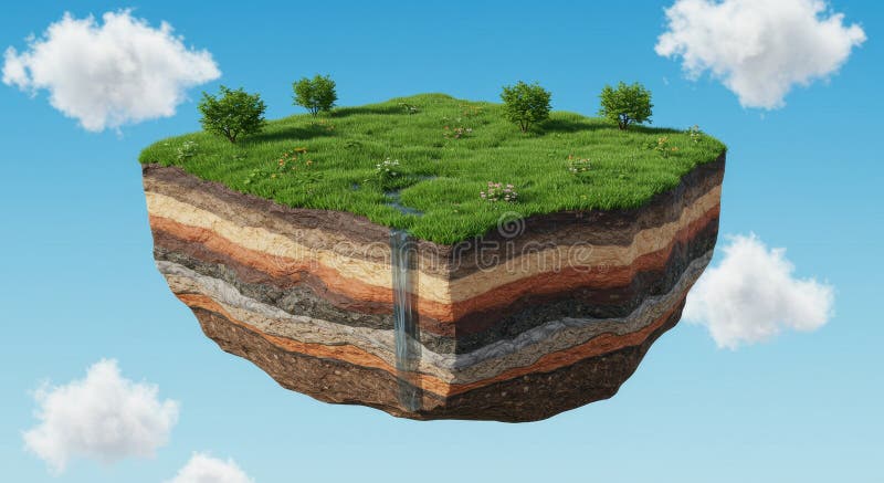 Floating Island Cross Section A 3D render of a floating island showing its layered soil structure vegetation and a small stock illustration