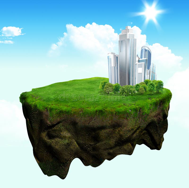 Floating island 3d model and digital illustration stock illustration