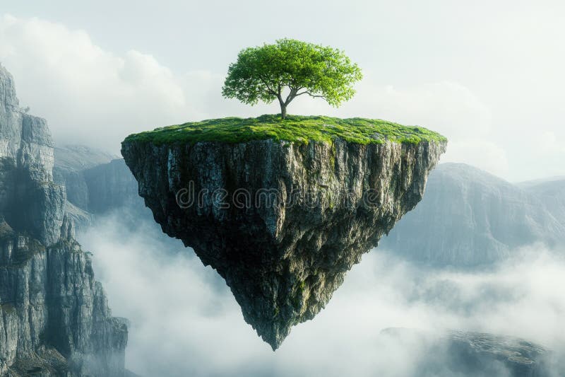 Floating island with green tree above clouds in a serene landscape royalty free stock photography