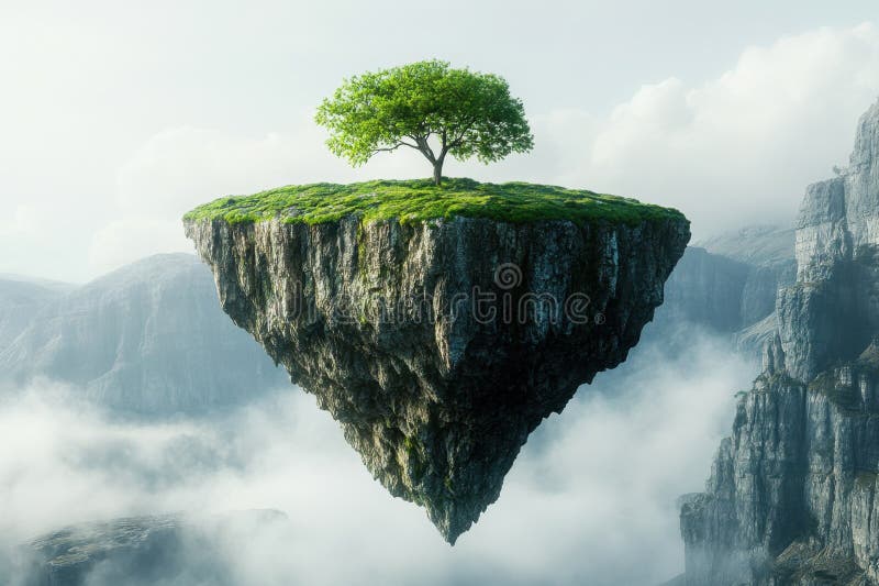Floating island with green tree above clouds in a serene landscape royalty free stock image