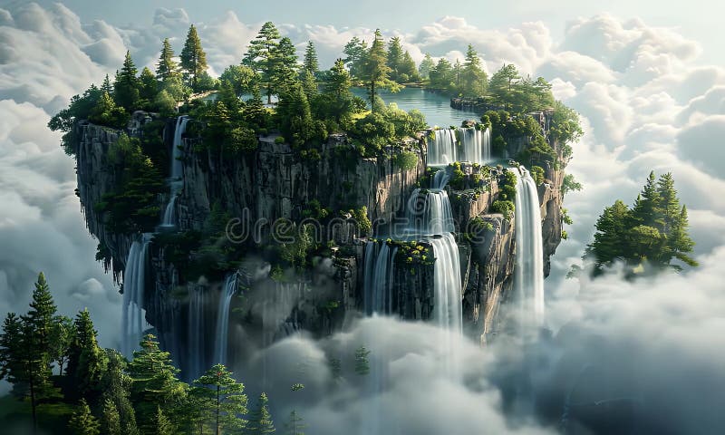A floating island with a lake and waterfalls, surrounded by clouds and trees stock illustration