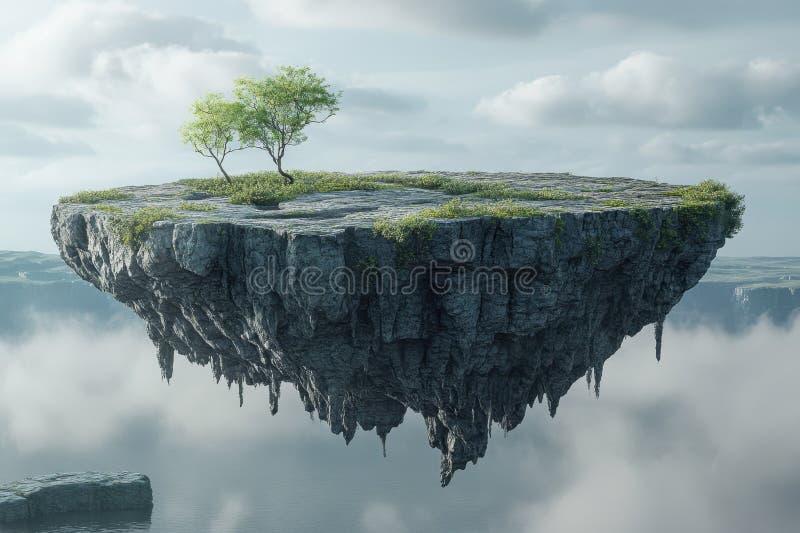 Floating island with lush greenery under a cloudy sky at dawn stock images