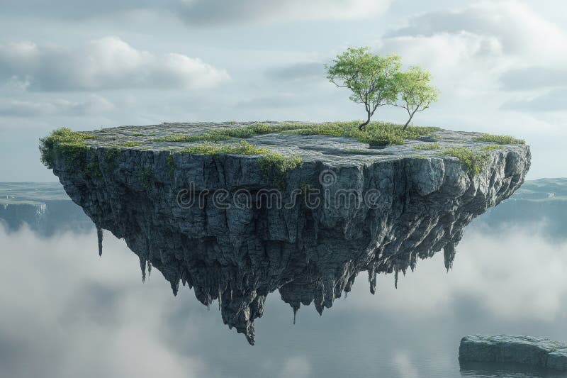 Floating island with lush greenery under a cloudy sky at dawn stock photo