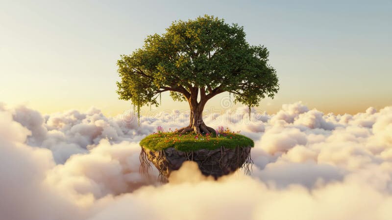 Floating island with a lush tree amidst soft clouds and a serene sky vector illustration