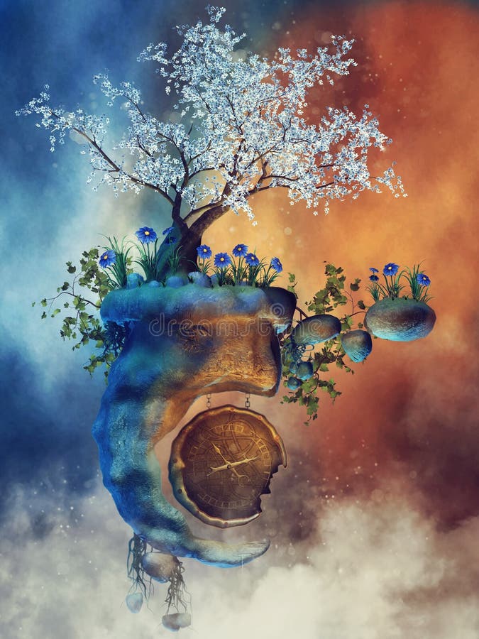Floating island with a magic tree vector illustration