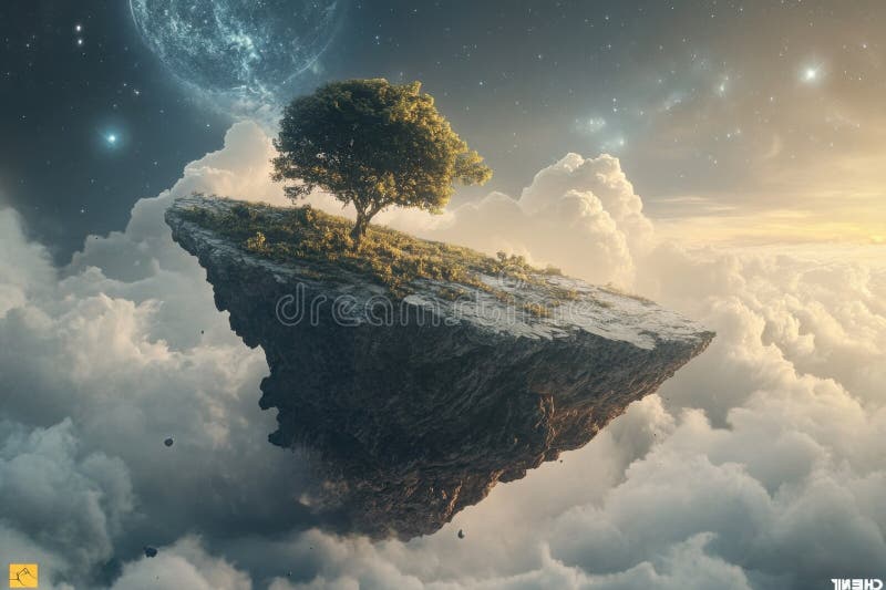 Floating island with a single tree under a cosmic sky at sunset stock photography