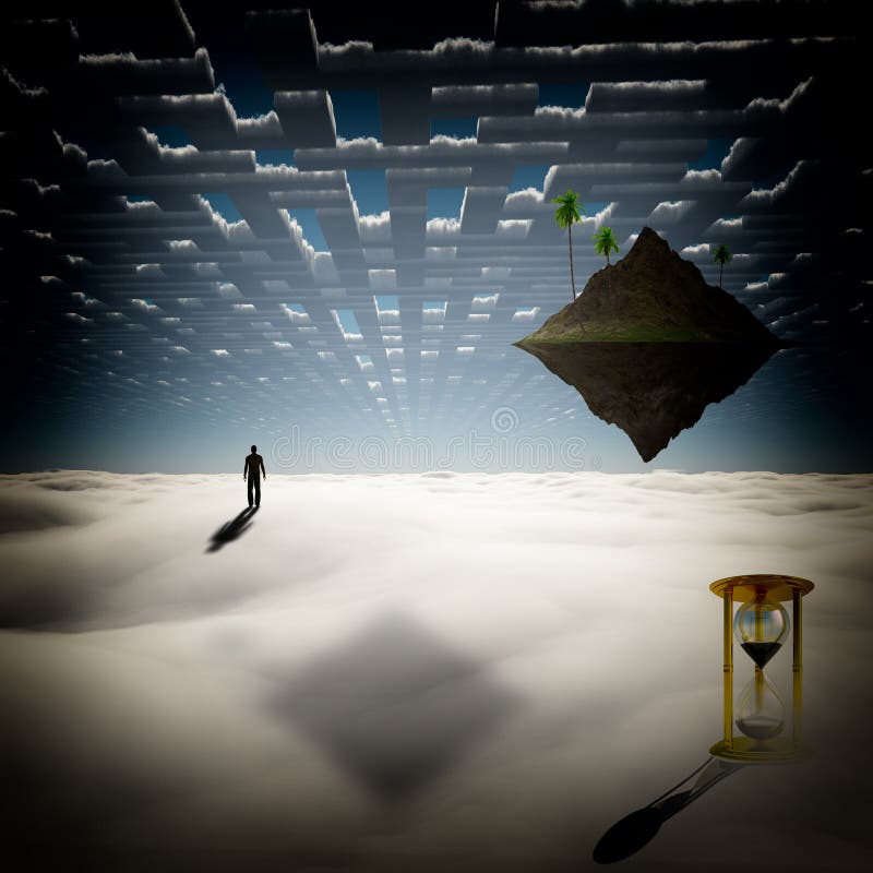 Floating island in surreal desert stock photo