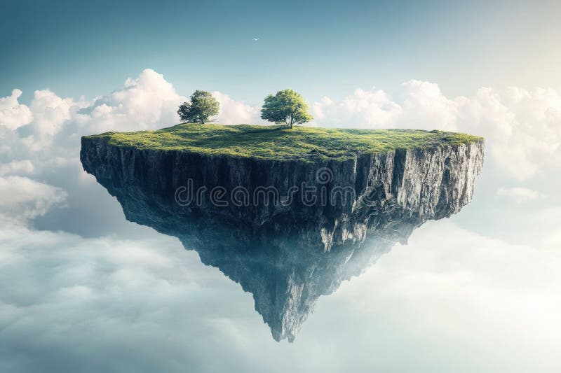 Floating island with trees and clouds in a serene sky at dawn royalty free stock photography
