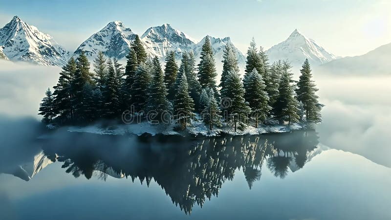 A floating island with trees, snow-capped mountains, and clouds in the sky royalty free illustration