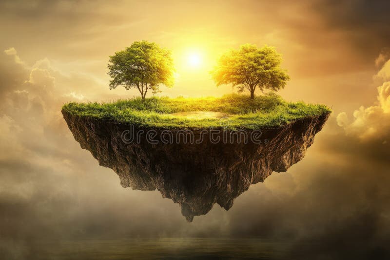 Floating island with trees and sunlight shining in a mystical sky stock photos