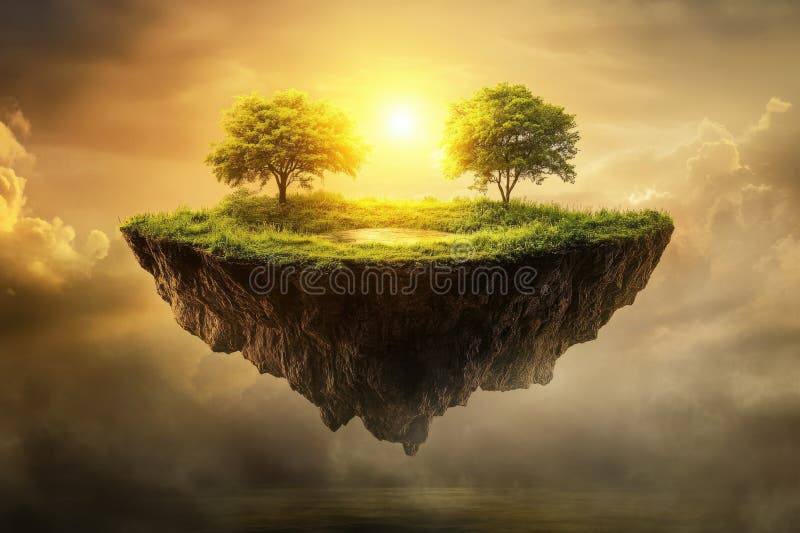 Floating island with trees and sunlight shining in a mystical sky stock photos