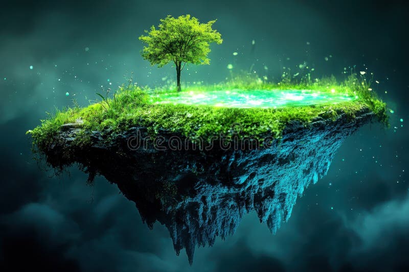 Floating island with vibrant tree and glowing water under dark sky stock photos