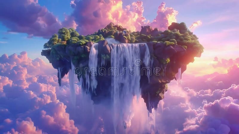 Floating island with waterfall in a dreamy sky stock illustration