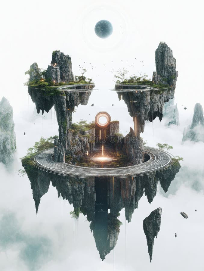 Floating islands connected by portals open gateways to virtual worlds amid serene landscapes