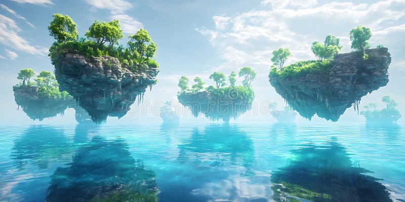 Floating Islands Fantasy Landscape Art vector illustration