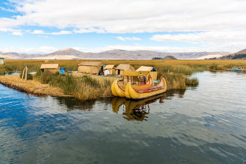 Floating Islands on Lake Titicaca Puno, Peru, South America, thatched home. Dense root that plants Khili interweave