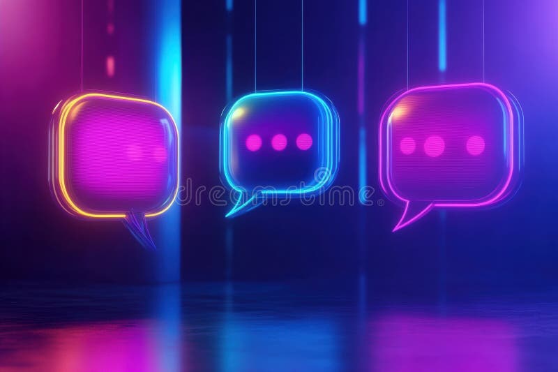 Floating message bubbles glow in vibrant colors creating an engaging social media chat interface at night. Generative AI royalty free stock image