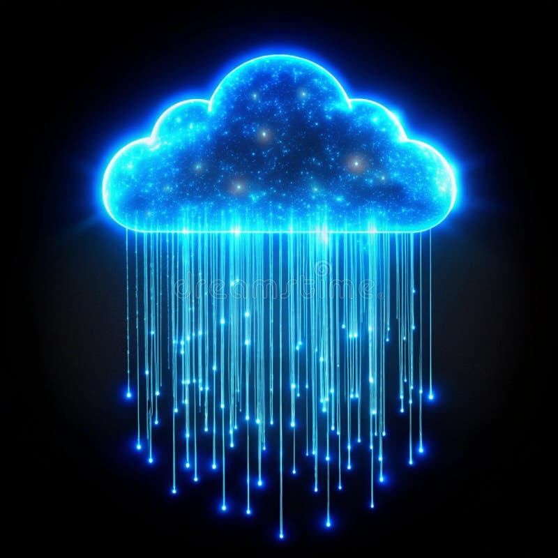 Floating neon cloud emitting digital rain stock illustration