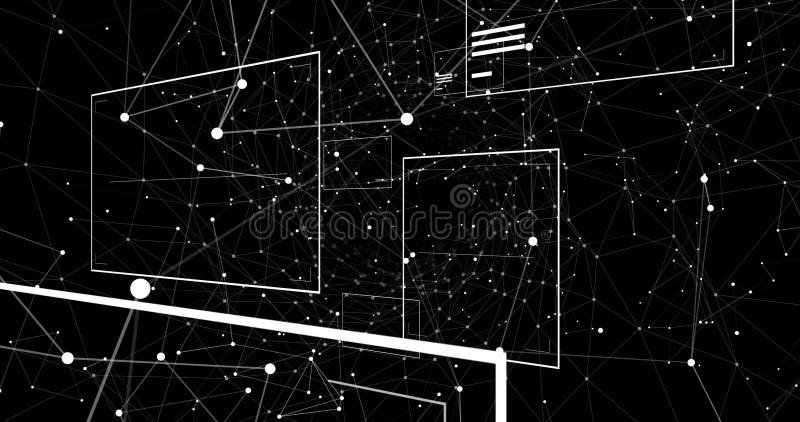 Floating network of white nodes and lines forming mesh in digital space, with rectangular frames royalty free illustration