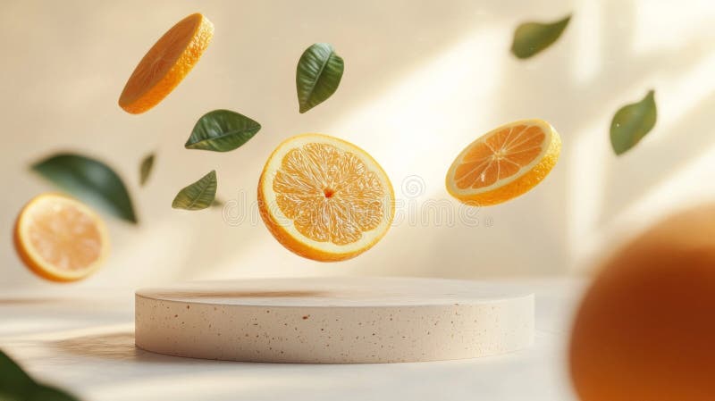 Floating Orange und Lemon Slices mit Blättern auf weißer Plattform stock abbildung