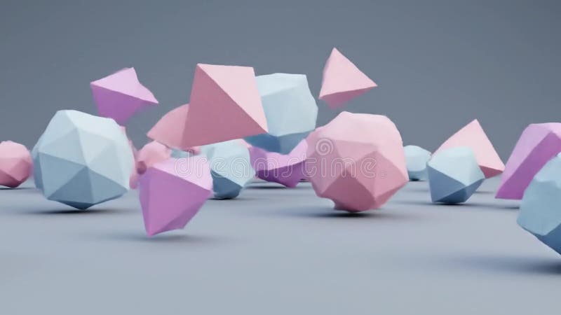 Abstract Low-Poly 3D Render: Pastel Pink and Blue Geometric Shapes Floating on Gray Background stock illustration