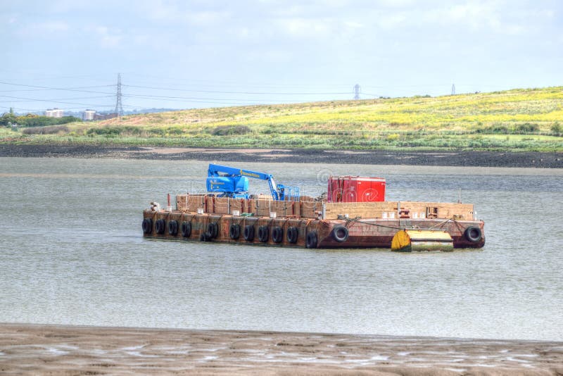 Floating Pontoon with Construction Plant Moored on River Thames, Kent