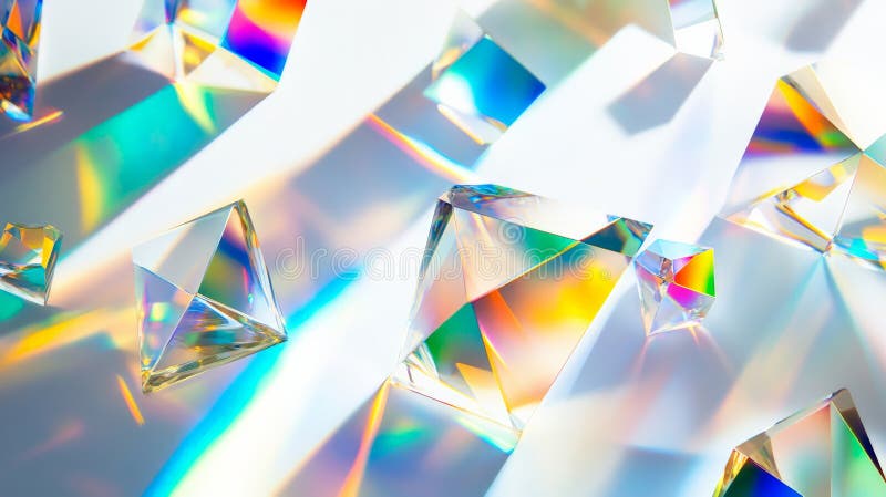 Floating prisms scatter beams of bright rainbow colors, casting vibrant hues of blue, green, and stock image