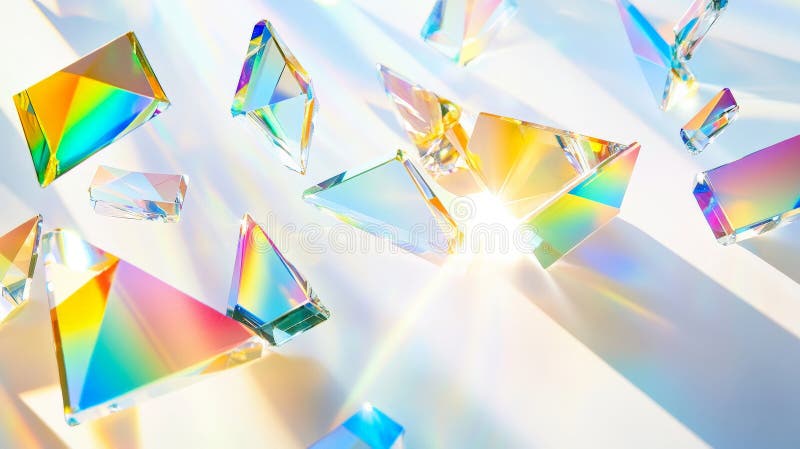 Floating prisms scatter beams of bright rainbow colors, casting vibrant hues of blue, green, and stock images