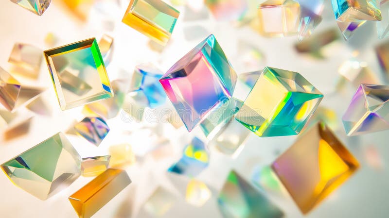 Floating prisms scatter beams of bright rainbow colors, casting vibrant hues of blue, green, and stock image