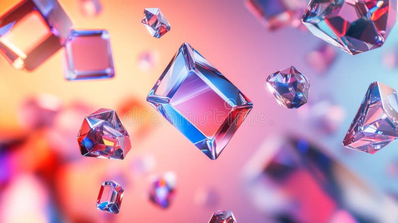 Floating prisms scatter bright, vivid colors across a smooth gradient background, with vibrant blues stock image