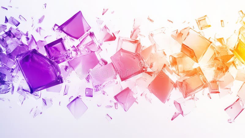 Floating prisms scatter a spectrum of colors, casting subtle, vibrant gradients from violet to stock photo