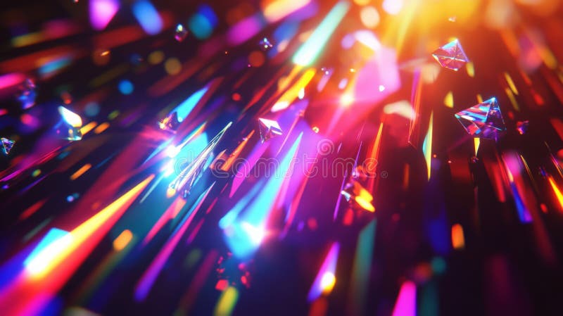 Floating prisms scatter vibrant beams of light across a dark, futuristic backdrop, casting dynamic stock photo