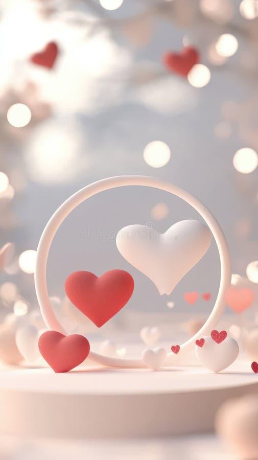 Floating red and white 3d hearts encircling valentine love white ring on glossy podium, soft bokeh background evoking stock illustration