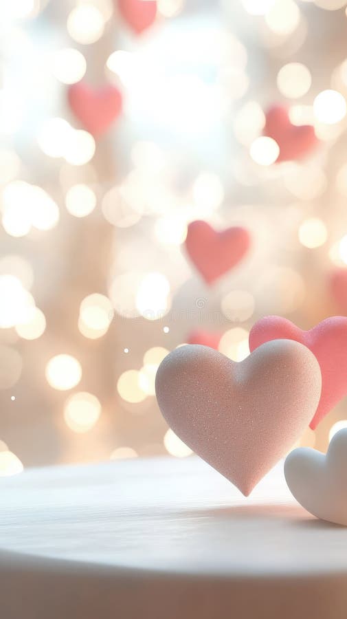 Floating red and white 3d hearts encircling valentine love white ring on glossy podium, soft bokeh background evoking stock illustration