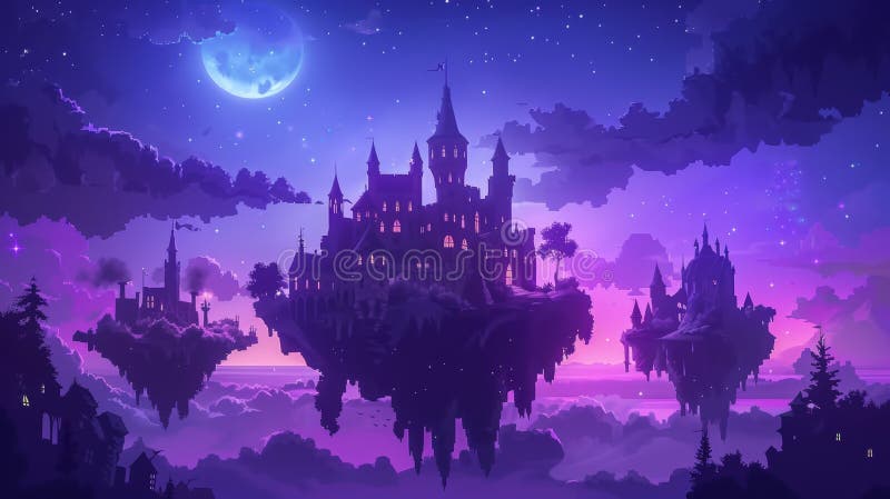 Floating rock islands and fantasy sky road to magic castle modern background. Medieval kingdom fairytale landscape royalty free stock image